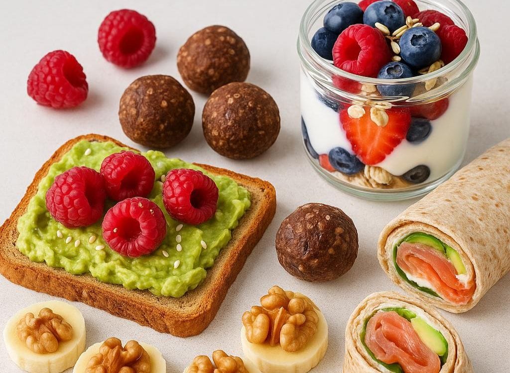 Lebensmittel die Glücklich machen Seelefutter für die Frauengesundheit Avocadobrot, Energy Balls, Lachs-Wraps, Beeren-Joghurt, Bananen-Walnuss-Bites