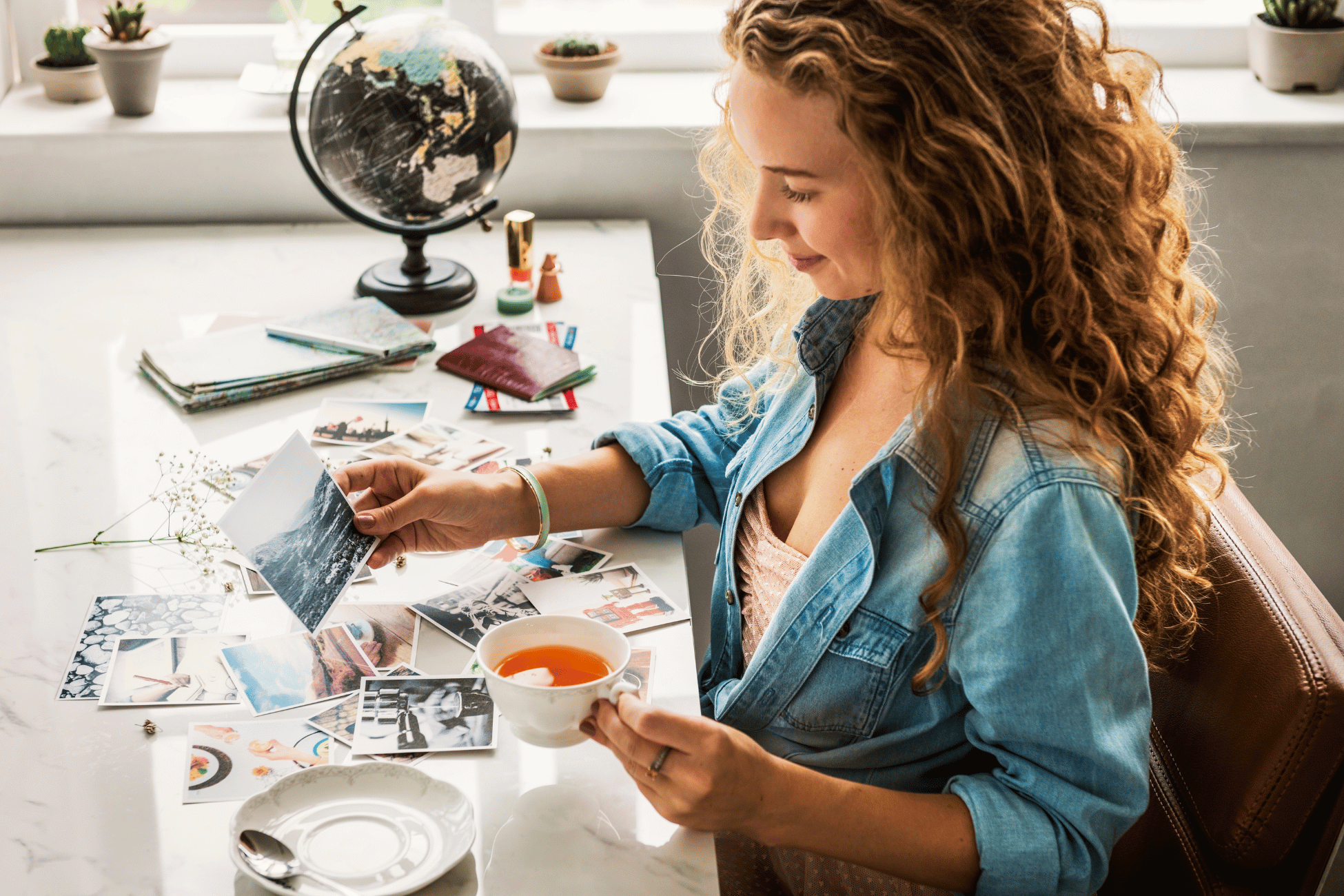Frau gestaltet ein Vision Board mit Fotos und Notizen