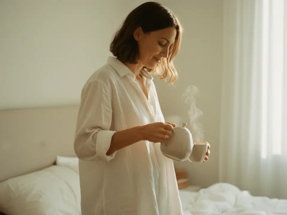 Donna che si tiene il basso ventre in un ambiente tranquillo