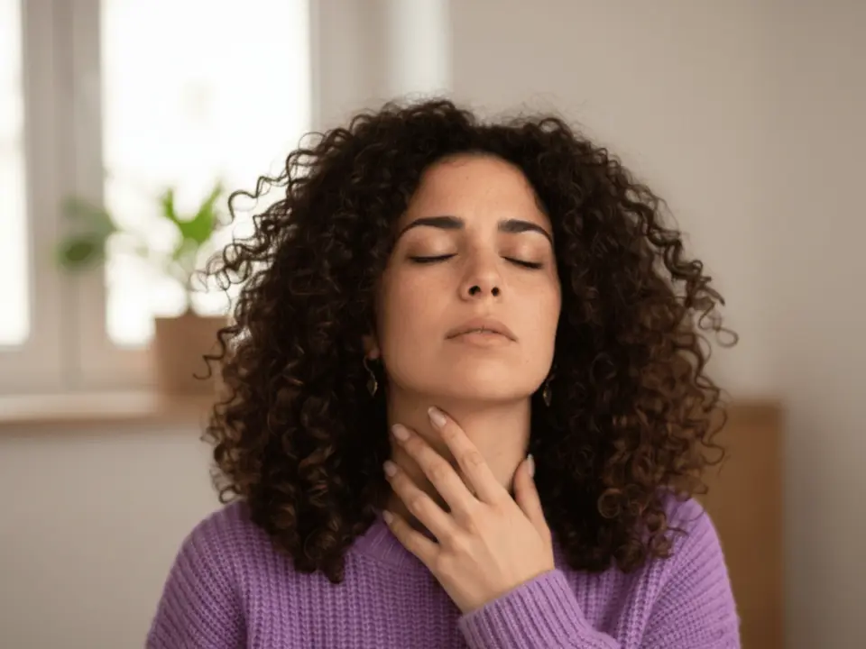 Woman with her hand on her neck in a calm setting