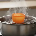 Copa menstrual naranja dentro de una olla con agua hirviendo sobre la cocina