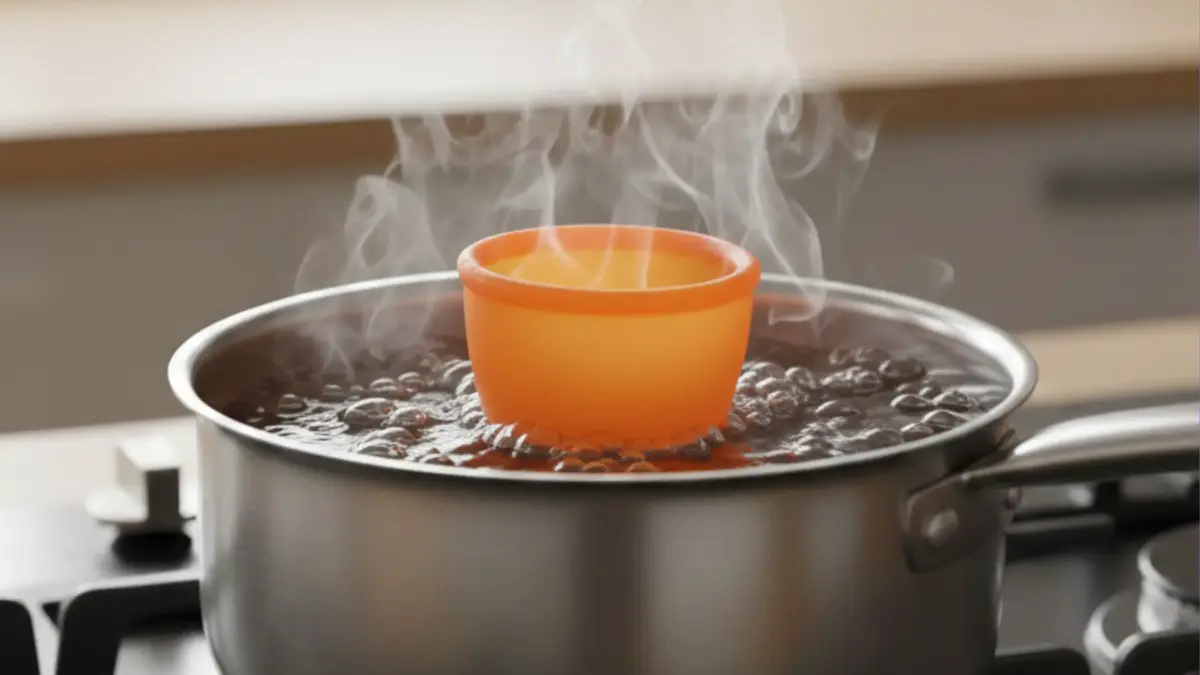 Coupe menstruelle orange dans une casserole d’eau bouillante sur la cuisinière
