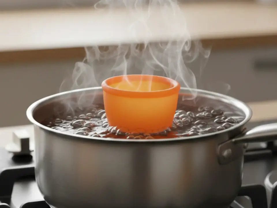 Coupe menstruelle orange dans une casserole d’eau bouillante sur la cuisinière