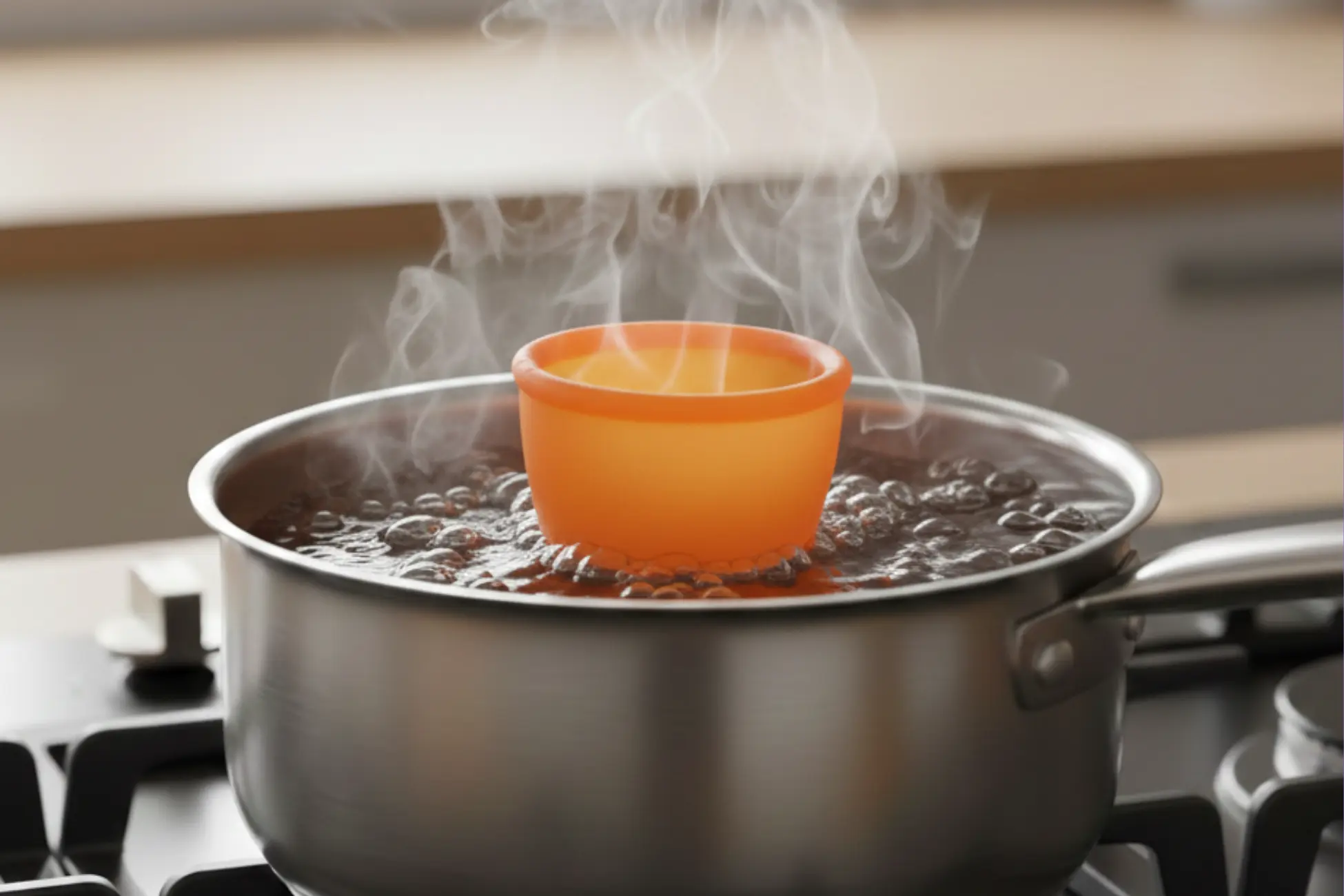 Copa menstrual naranja dentro de una olla con agua hirviendo sobre la cocina