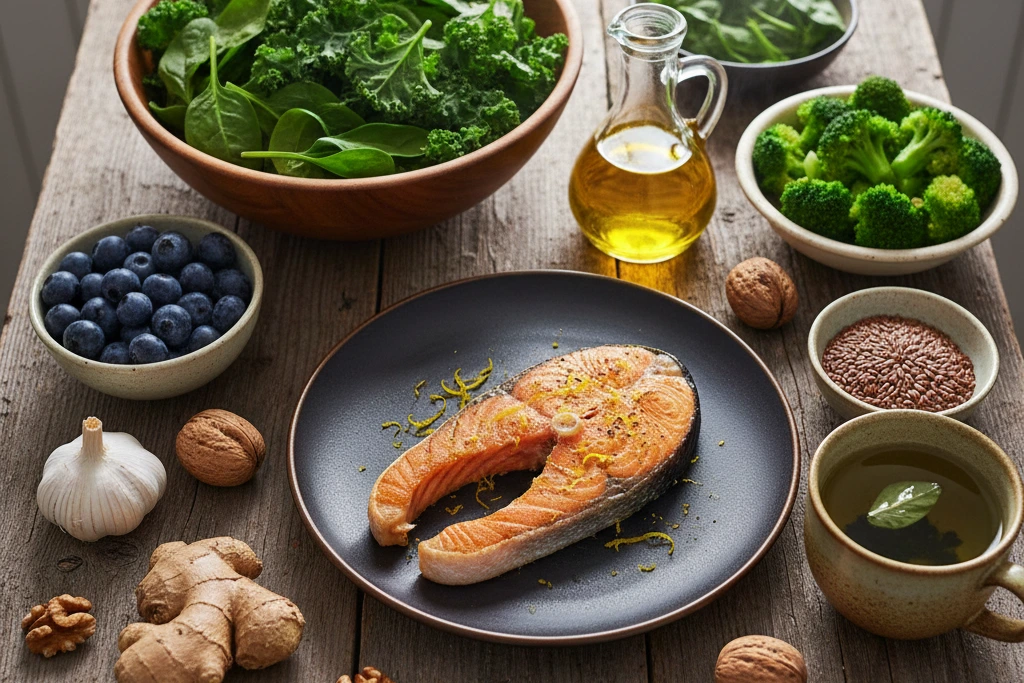Seleção de legumes frescos, frutos vermelhos e frutos secos sobre a mesa