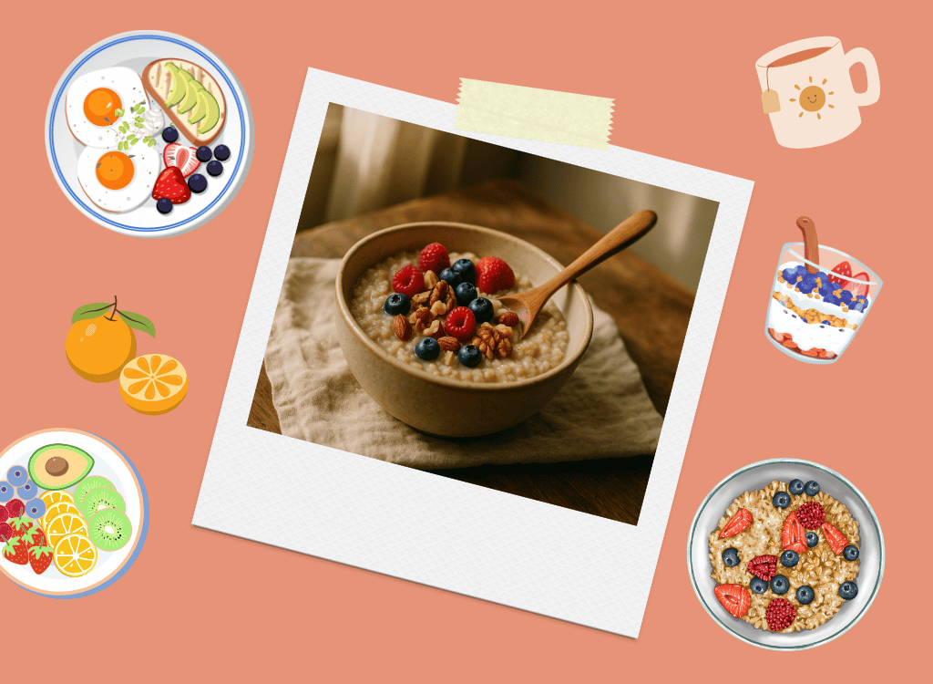 Bowl of porridge with fresh fruit and toppings for breakfast