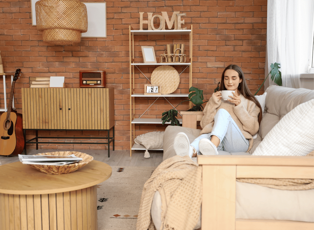Femme avec une tasse de thé sur le canapé dans un salon chaleureux