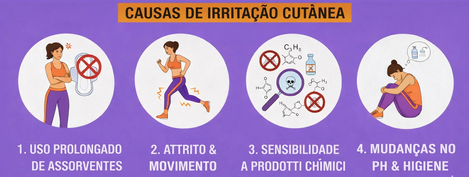 Infográfico sobre causas de irritação cutânea durante a menstruação, incluindo uso prolongado de absorventes, atrito, sensibilidade a produtos químicos e alterações no pH.