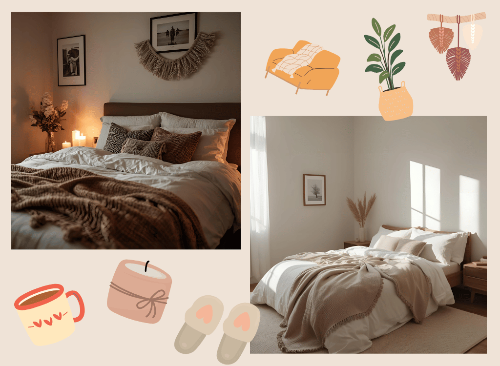 Schlafzimmer im Hygge-Stil mit weichen Decken und sanfter Beleuchtung