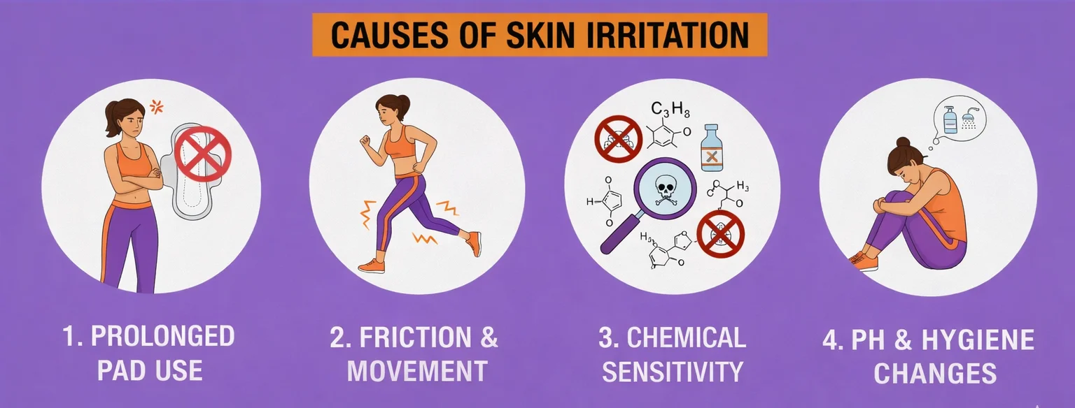 Infographic showing causes of intimate skin irritation during menstruation, including prolonged pad use, friction, chemical sensitivity, and pH changes.