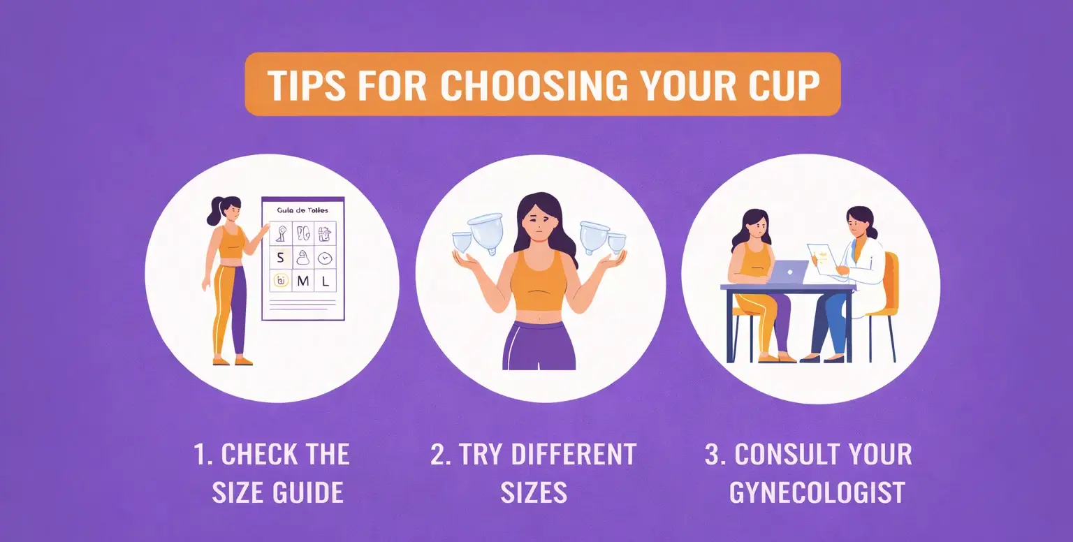 Infographic with tips on how to choose the right menstrual cup, including size guide consultation, trying different sizes, and speaking with a gynecologist.