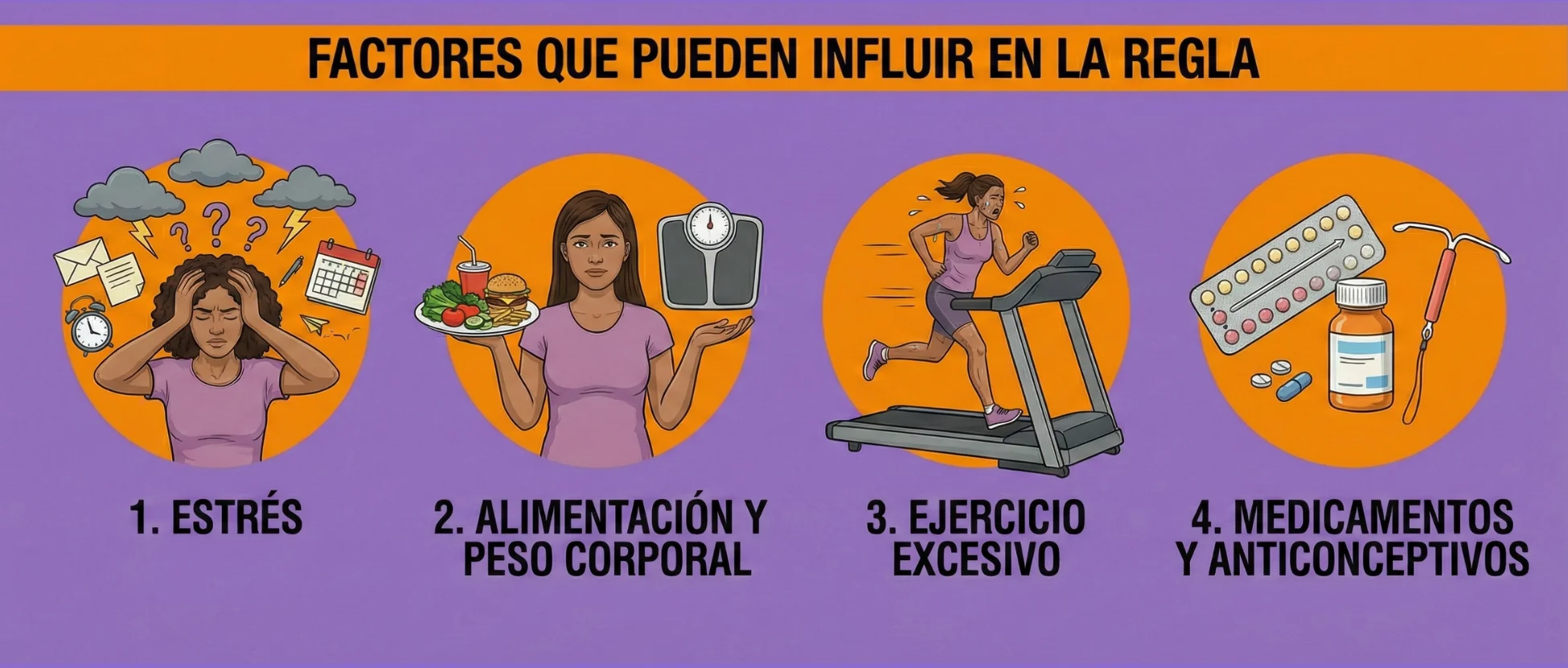 Infografía sobre factores que pueden influir en la regla como estrés, alimentación, ejercicio excesivo y uso de medicamentos o anticonceptivos.