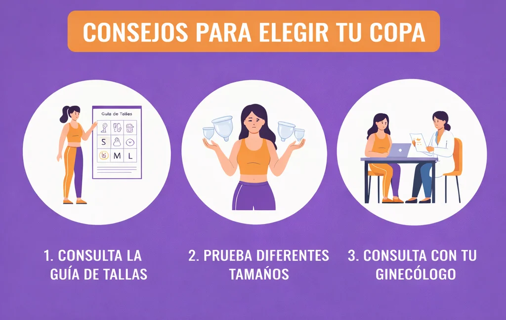Infografía con consejos para elegir la copa menstrual adecuada, incluyendo guía de tallas, prueba de diferentes tamaños y consulta con el ginecólogo.