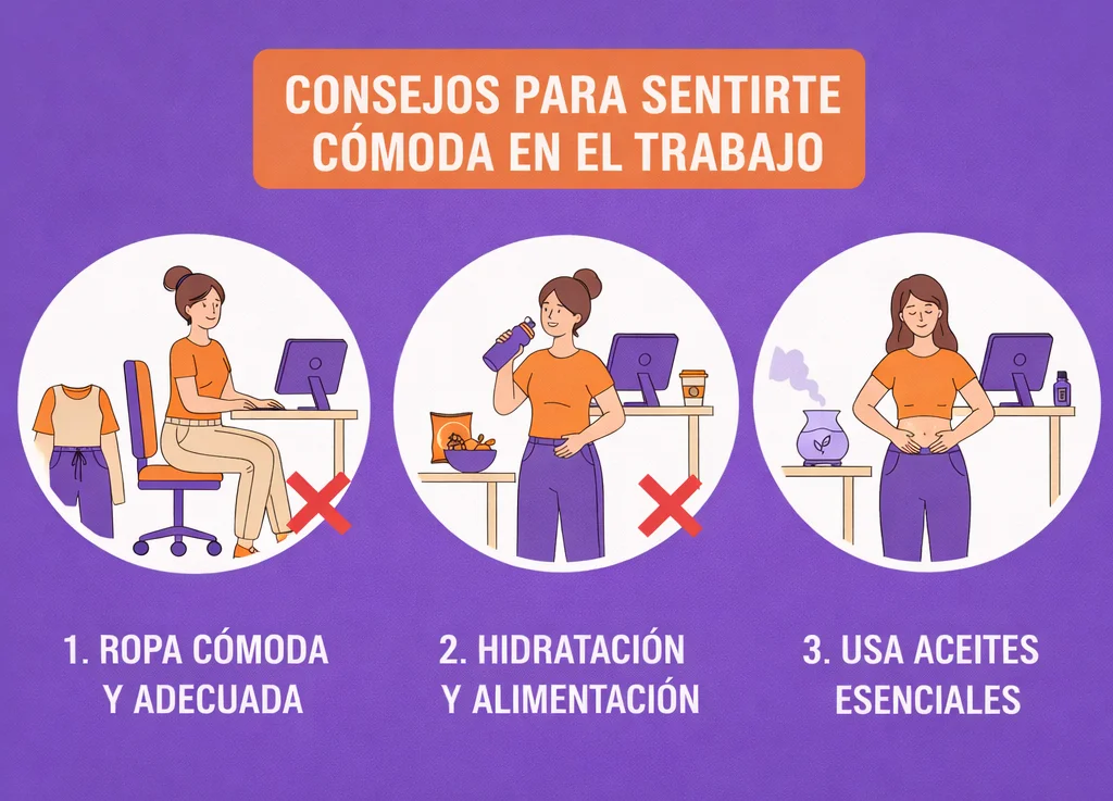 Infografía con consejos para sentirse cómoda en el trabajo durante la menstruación, como usar ropa cómoda, mantenerse hidratada y utilizar aceites esenciales.