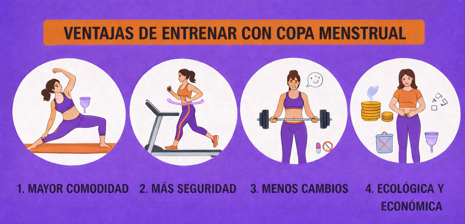 Infografía sobre las ventajas de entrenar con copa menstrual, como mayor comodidad, seguridad, menos cambios y opción ecológica y económica.