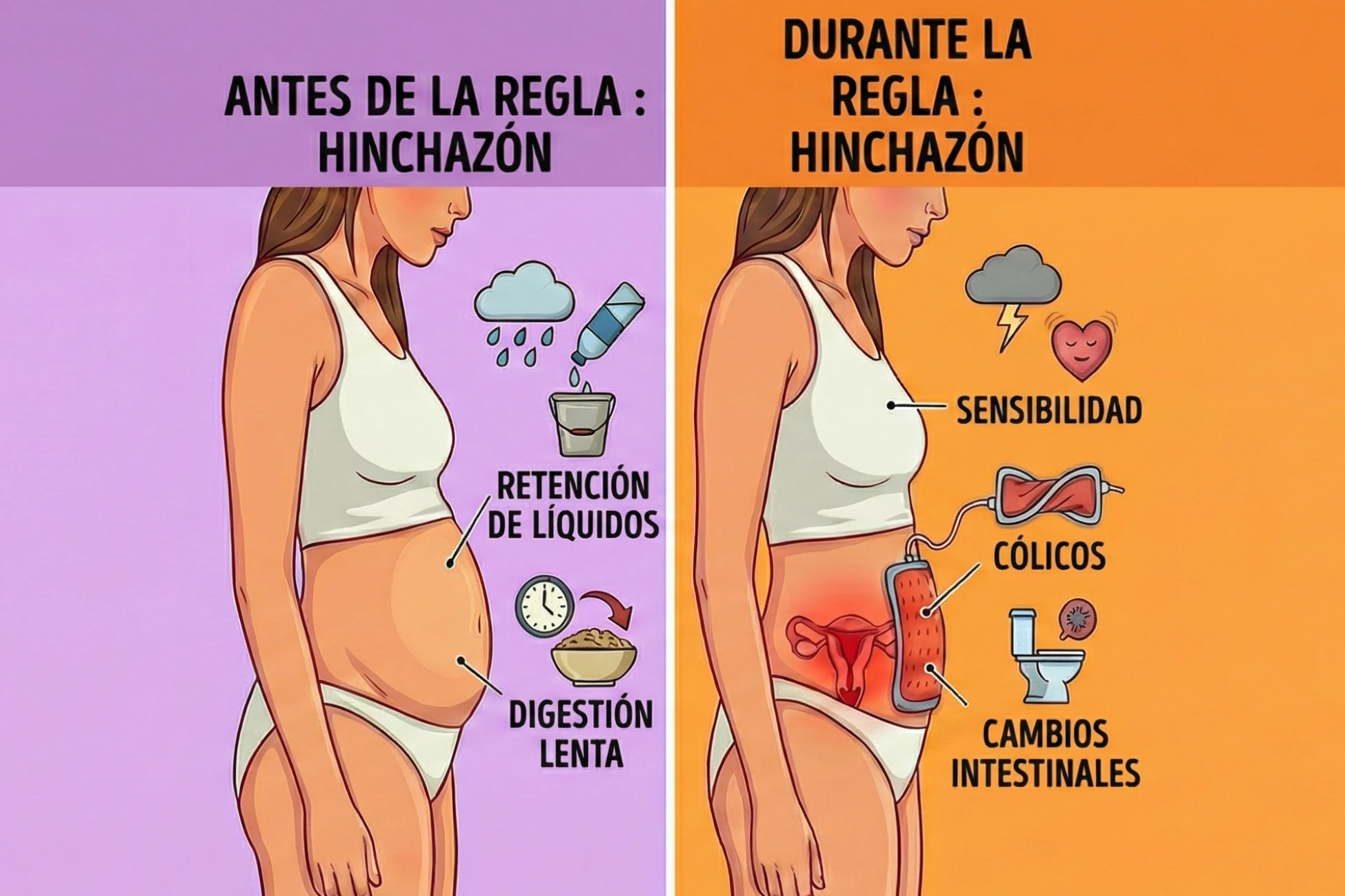 Ilustración comparativa de una mujer antes y durante la regla con hinchazón, cólicos y cambios digestivos