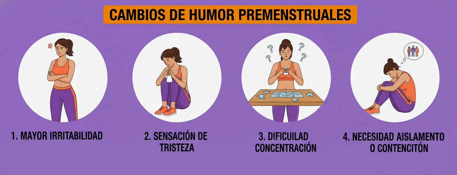Infografía sobre cambios de humor premenstruales como irritabilidad, tristeza, dificultad de concentración y necesidad de aislamiento.