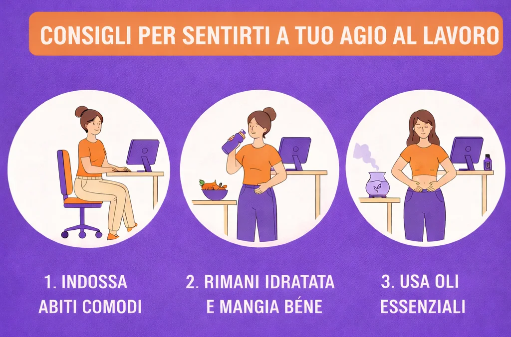 Infografica con consigli per sentirsi più a proprio agio al lavoro durante il ciclo mestruale, come indossare abiti comodi e mantenersi idratata.