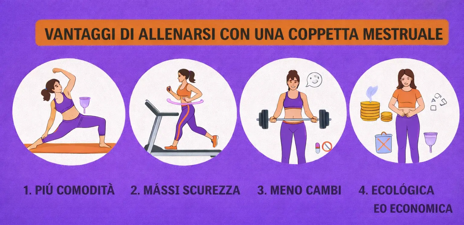 Infografica sui vantaggi di allenarsi con la coppetta mestruale, come maggiore comfort, sicurezza, meno cambi e sostenibilità.