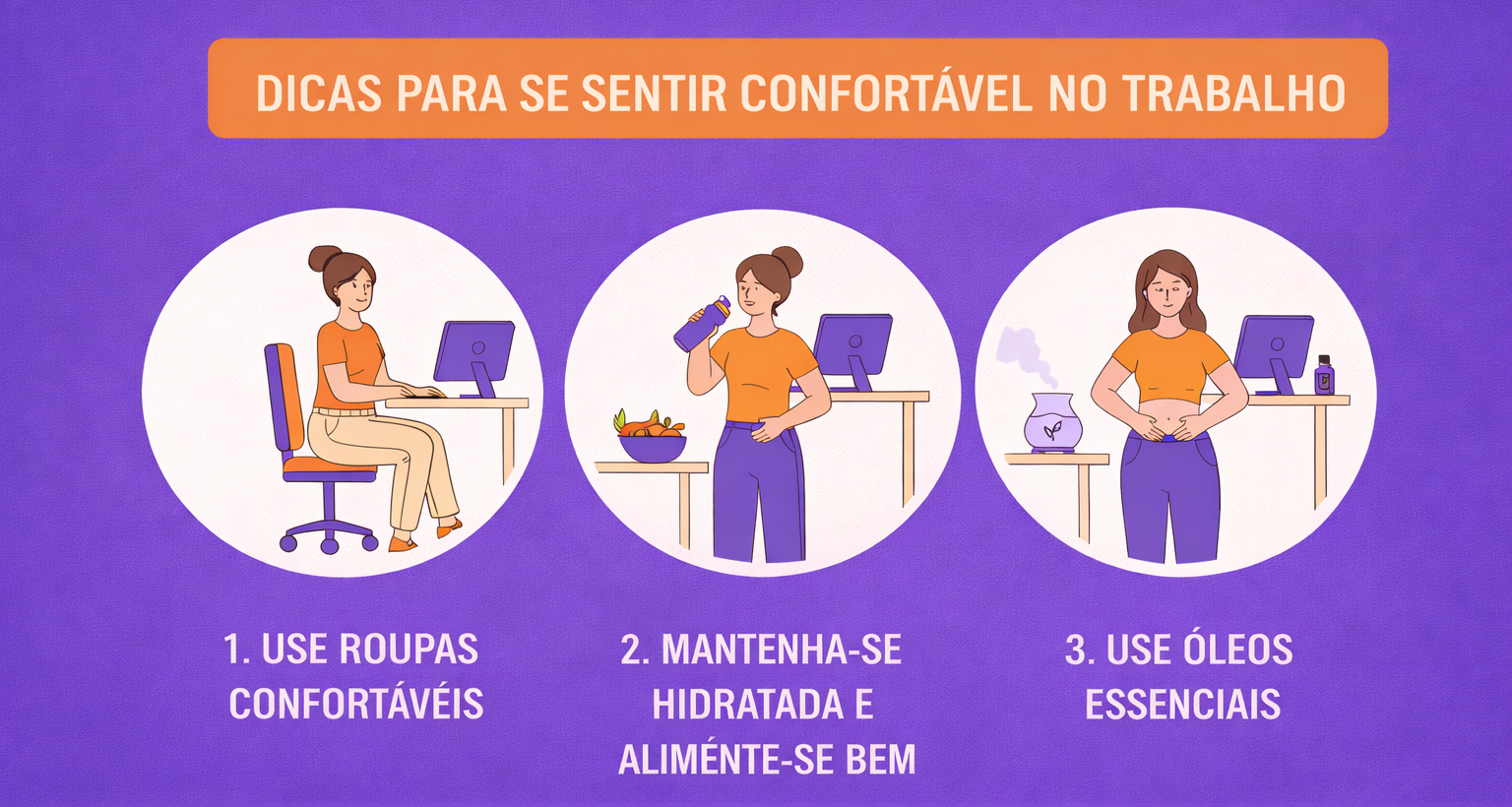 Infográfico com dicas para se sentir confortável no trabalho durante a menstruação, incluindo roupas confortáveis, hidratação adequada e uso de óleos essenciais.