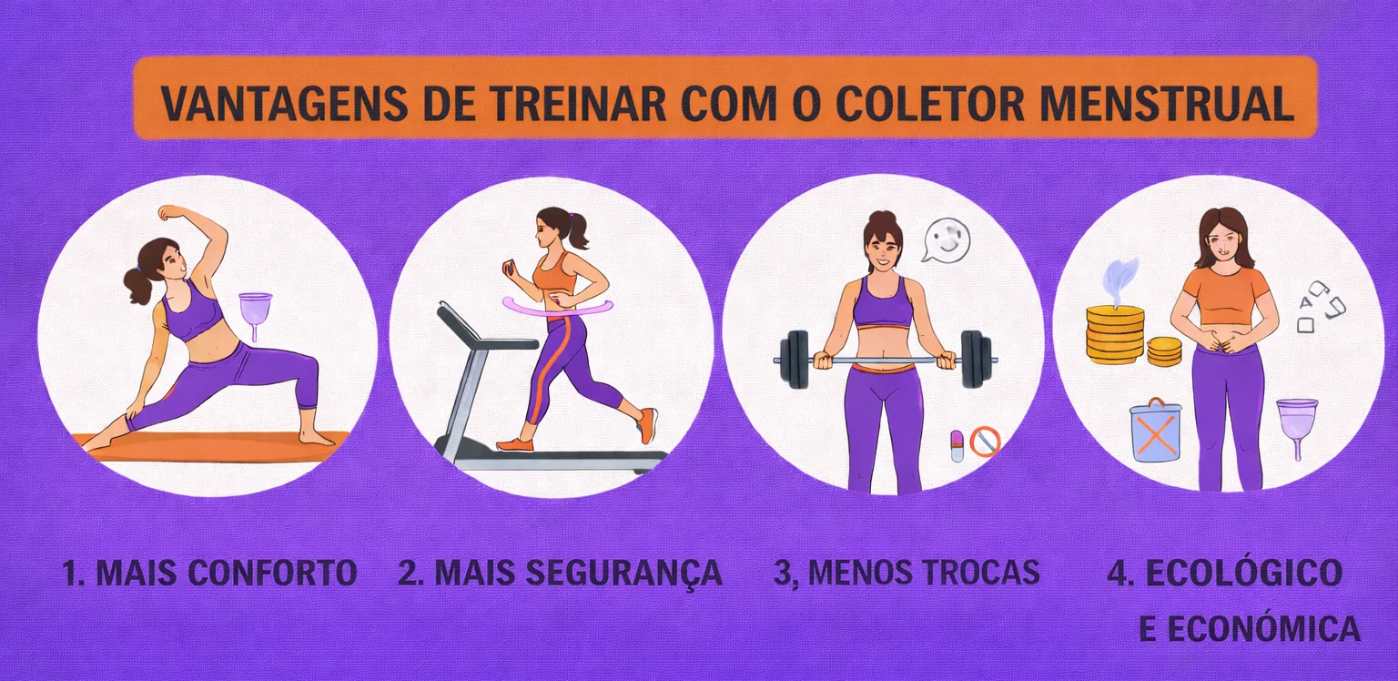 Infográfico mostrando as vantagens de treinar com o coletor menstrual, como mais conforto, segurança, menos trocas e benefício ecológico e econômico.