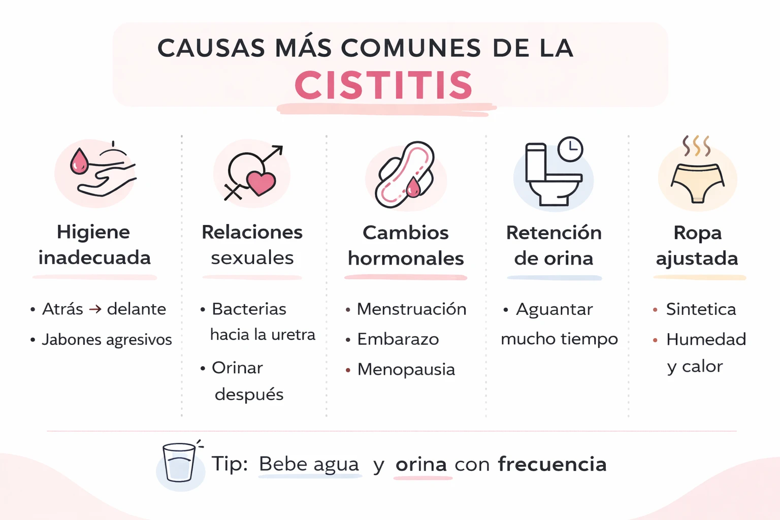 Infografía sobre las causas más comunes de la cistitis: higiene inadecuada, relaciones sexuales, cambios hormonales, retención de orina y ropa ajustada