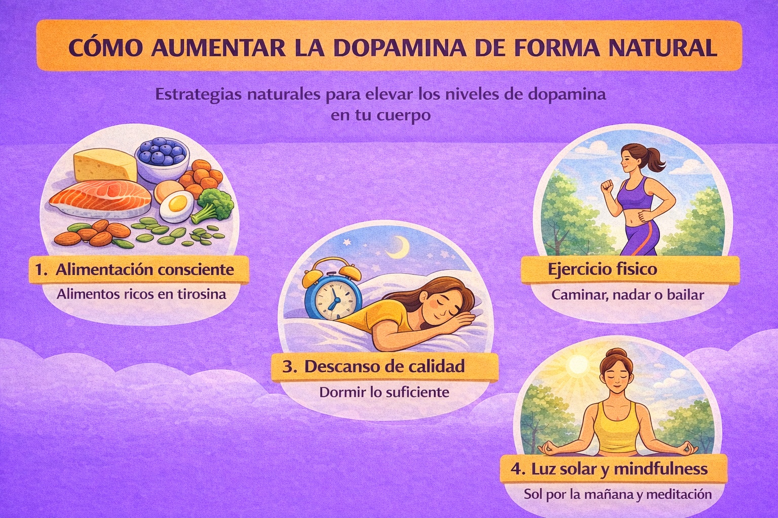 Infografía sobre cómo aumentar la dopamina de forma natural: alimentación, ejercicio, descanso y mindfulness