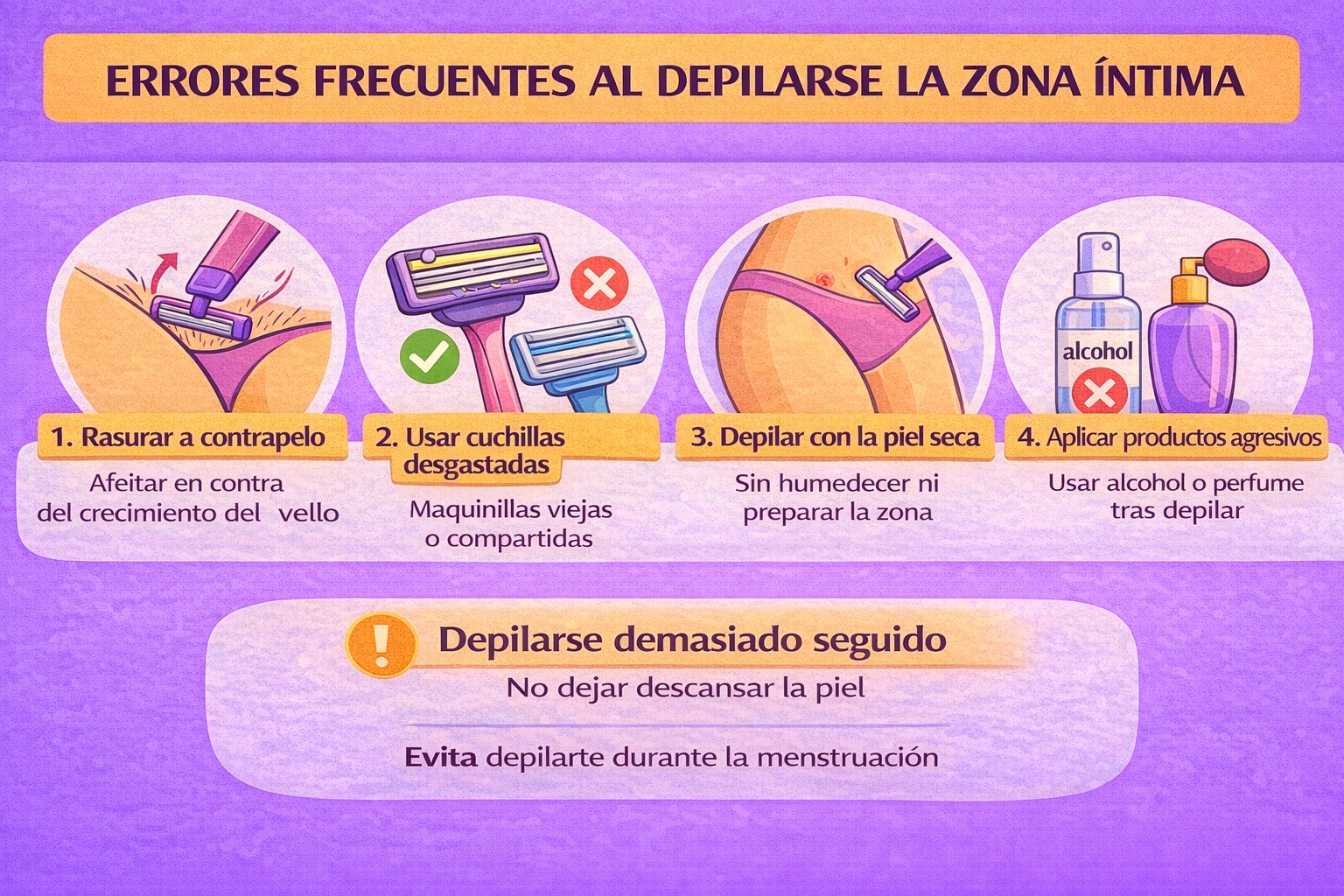 Infografía sobre errores frecuentes al depilarse la zona íntima: rasurar a contrapelo, cuchillas desgastadas, piel seca y productos agresivos