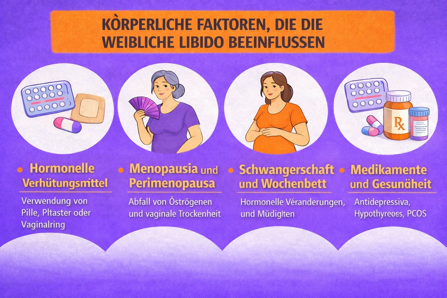 Infografik über körperliche Faktoren, die die weibliche Libido beeinflussen: hormonelle Verhütung, Menopause, Schwangerschaft und Medikamente.