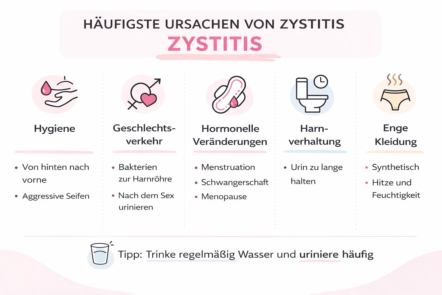 Infografik zu den häufigsten Ursachen für Blasenentzündungen: mangelnde Hygiene, Geschlechtsverkehr, hormonelle Veränderungen, Harnverhalt und enge Kleidung