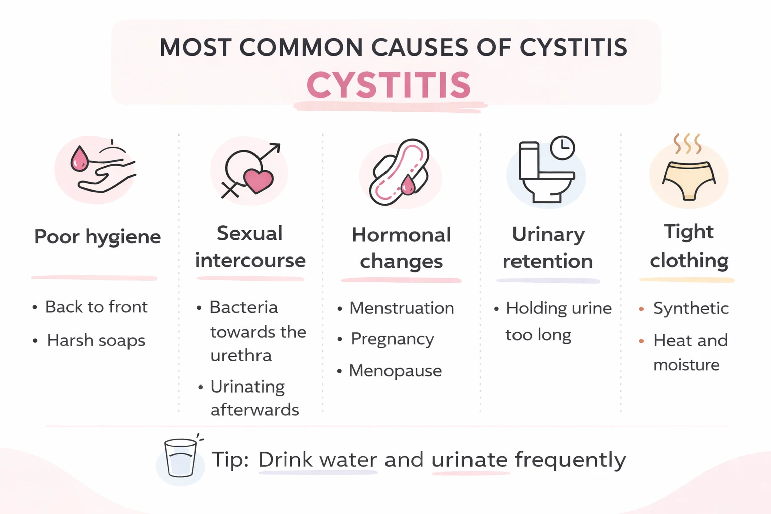 Infographic on the most common causes of cystitis: poor hygiene, sexual intercourse, hormonal changes, urine retention, and tight clothing.
