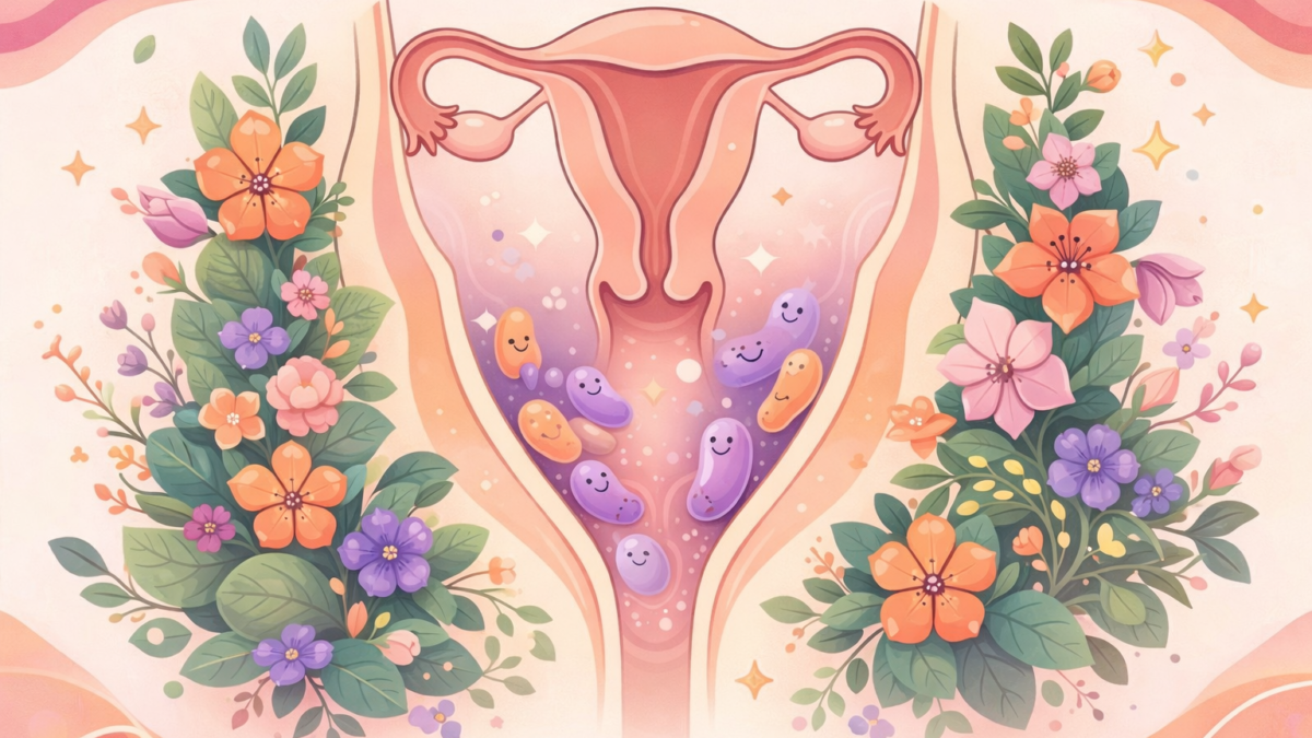 Ilustración de flora vaginal saludable con bacterias buenas en tonos naranja y morado, estilo flat moderno alineado con Papaya Cup, mostrando el equilibrio del microbioma vaginal y la salud íntima femenina.