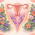 Ilustración de flora vaginal saludable con bacterias buenas en tonos naranja y morado, estilo flat moderno alineado con Papaya Cup, mostrando el equilibrio del microbioma vaginal y la salud íntima femenina.