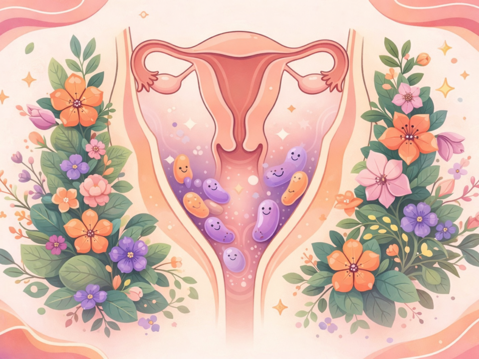 Ilustración de flora vaginal saludable con bacterias buenas en tonos naranja y morado, estilo flat moderno alineado con Papaya Cup, mostrando el equilibrio del microbioma vaginal y la salud íntima femenina.