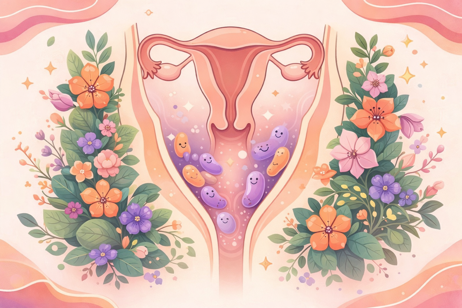Ilustración de flora vaginal saludable con bacterias buenas en tonos naranja y morado, estilo flat moderno alineado con Papaya Cup, mostrando el equilibrio del microbioma vaginal y la salud íntima femenina.