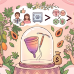 Infografía que compara el uso de copa menstrual con DIU de forma segura. Muestra una copa menstrual y un DIU sobre un pedestal, ilustrando la consulta médica, el flujo menstrual y el ahorro potencial de valor. Estilo ilustrado con papayas.
