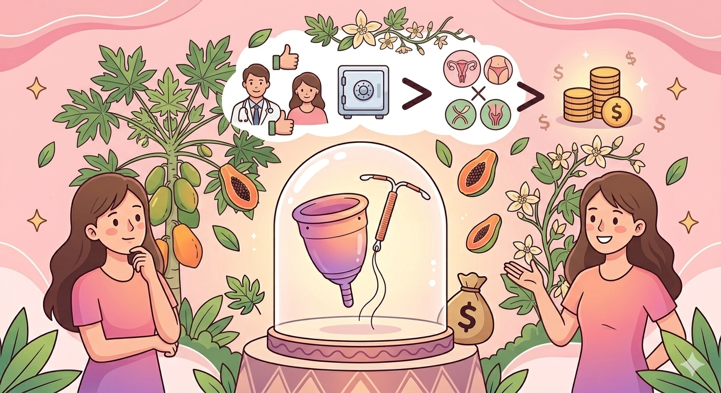 Infografía que compara el uso de copa menstrual con DIU de forma segura. Muestra una copa menstrual y un DIU sobre un pedestal, ilustrando la consulta médica, el flujo menstrual y el ahorro potencial de valor. Estilo ilustrado con papayas.