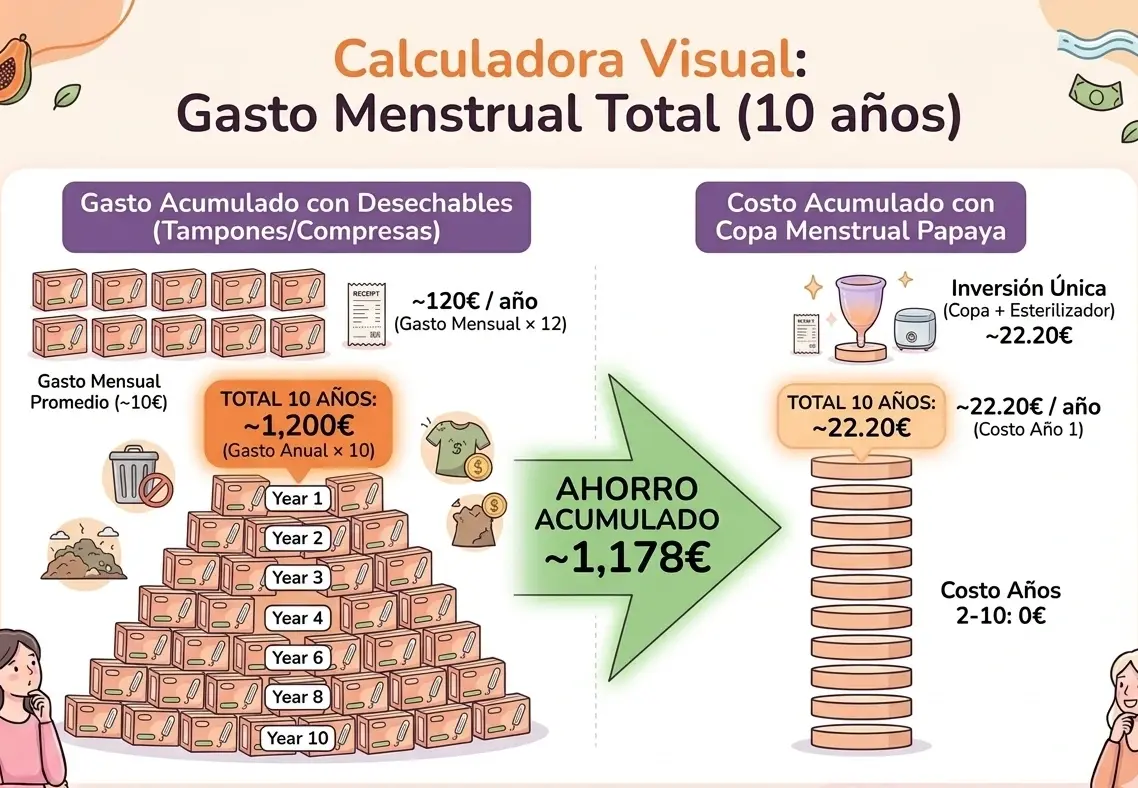 Infografía comparativa de coste: Muestra el gasto de usar tampones/compresas frente al coste de una copa menstrual a lo largo de 12 meses y un período de 10 años, ilustrando el ahorro significativo de la copa menstrual. El estilo es de ilustración de dibujos animados con un esquema de color suave rosa y melocotón