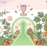 Infografía ilustrativa en tonos pastel sobre fondo rosa, comparando la sostenibilidad y la economía. A la izquierda, una mujer pensativa y plantas trepadoras enmarcan una zona central vacía. En el centro, un arco verde brillante y una gran flecha hacia arriba señalan hacia una copa menstrual sobre un pedestal. A la derecha, un árbol de papaya frondoso, sacos de dinero, fajos de billetes, pilas de monedas de oro y una mujer sonriente simbolizan la prosperidad y el ahorro. Varias papayas maduras y hojas flotan alrededor de la composición. Un banner central está vacío y listo para texto