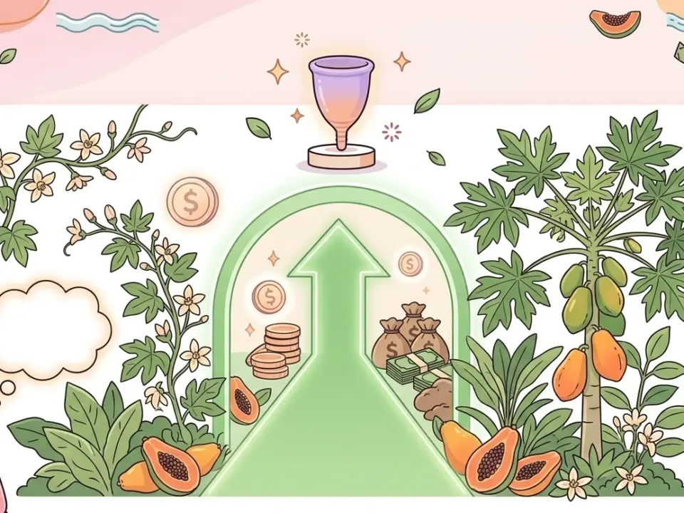 Infografía ilustrativa en tonos pastel sobre fondo rosa, comparando la sostenibilidad y la economía. A la izquierda, una mujer pensativa y plantas trepadoras enmarcan una zona central vacía. En el centro, un arco verde brillante y una gran flecha hacia arriba señalan hacia una copa menstrual sobre un pedestal. A la derecha, un árbol de papaya frondoso, sacos de dinero, fajos de billetes, pilas de monedas de oro y una mujer sonriente simbolizan la prosperidad y el ahorro. Varias papayas maduras y hojas flotan alrededor de la composición. Un banner central está vacío y listo para texto