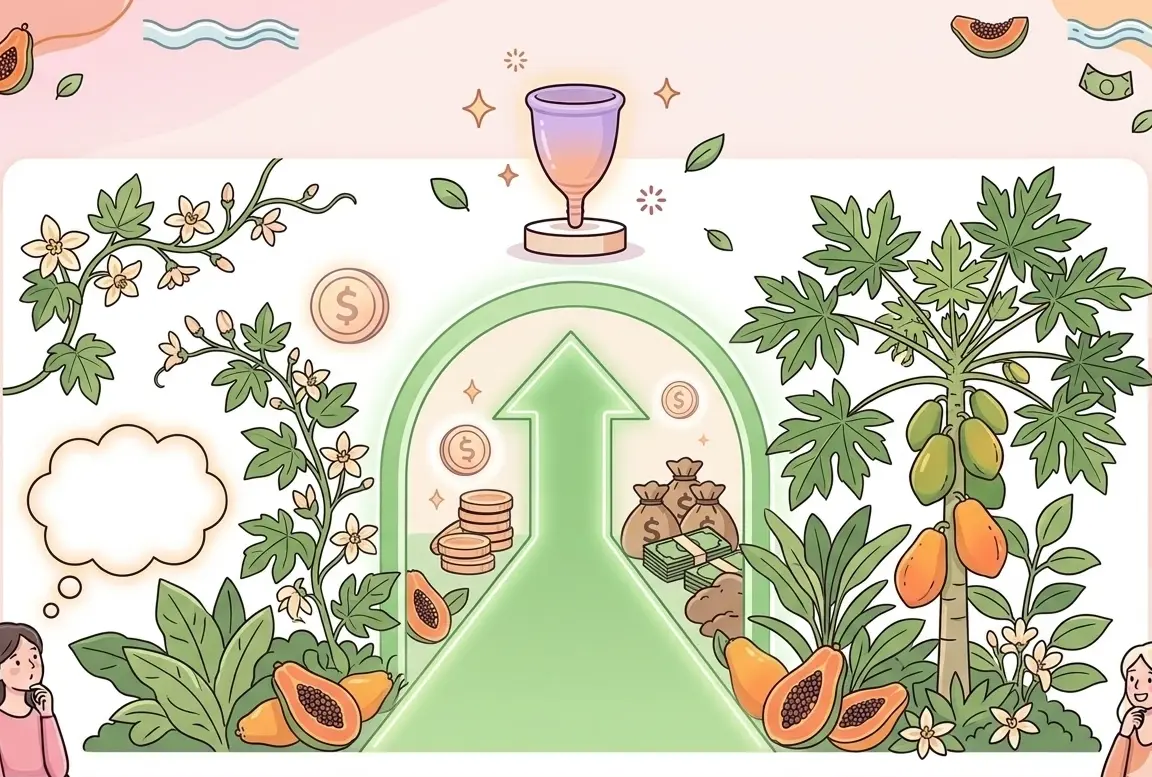 Infografía ilustrativa en tonos pastel sobre fondo rosa, comparando la sostenibilidad y la economía. A la izquierda, una mujer pensativa y plantas trepadoras enmarcan una zona central vacía. En el centro, un arco verde brillante y una gran flecha hacia arriba señalan hacia una copa menstrual sobre un pedestal. A la derecha, un árbol de papaya frondoso, sacos de dinero, fajos de billetes, pilas de monedas de oro y una mujer sonriente simbolizan la prosperidad y el ahorro. Varias papayas maduras y hojas flotan alrededor de la composición. Un banner central está vacío y listo para texto