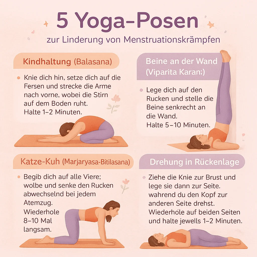 Infografik mit 5 Yoga-Übungen, die bei Menstruationsbeschwerden helfen