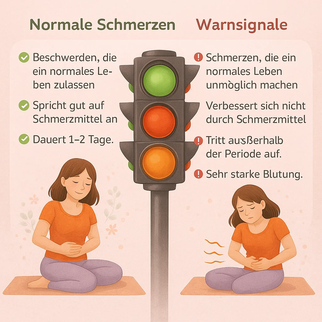 Infografik in Form einer Ampel zu normalen Schmerzen bzw. Warnzeichen bei Menstruationsschmerzen