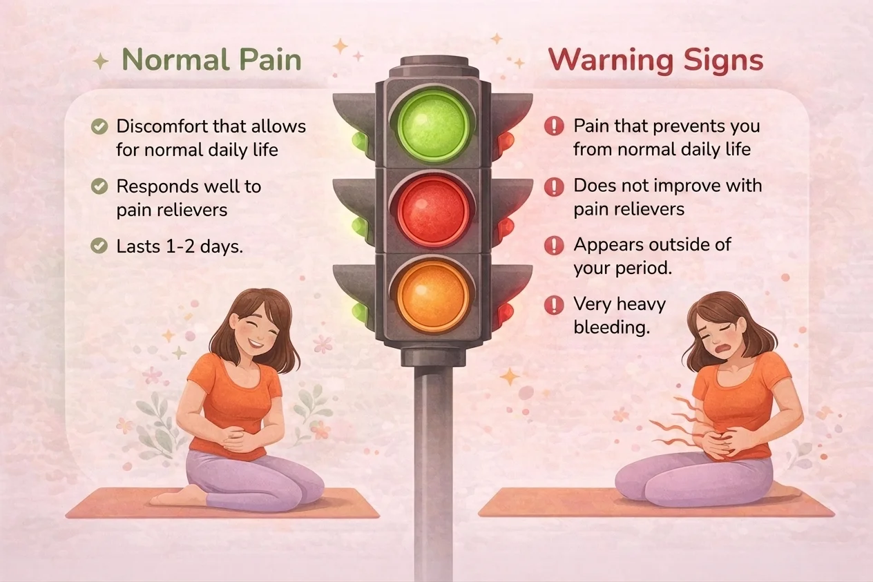 Infographic in the form of a traffic light showing normal symptoms versus warning signs of menstrual pain