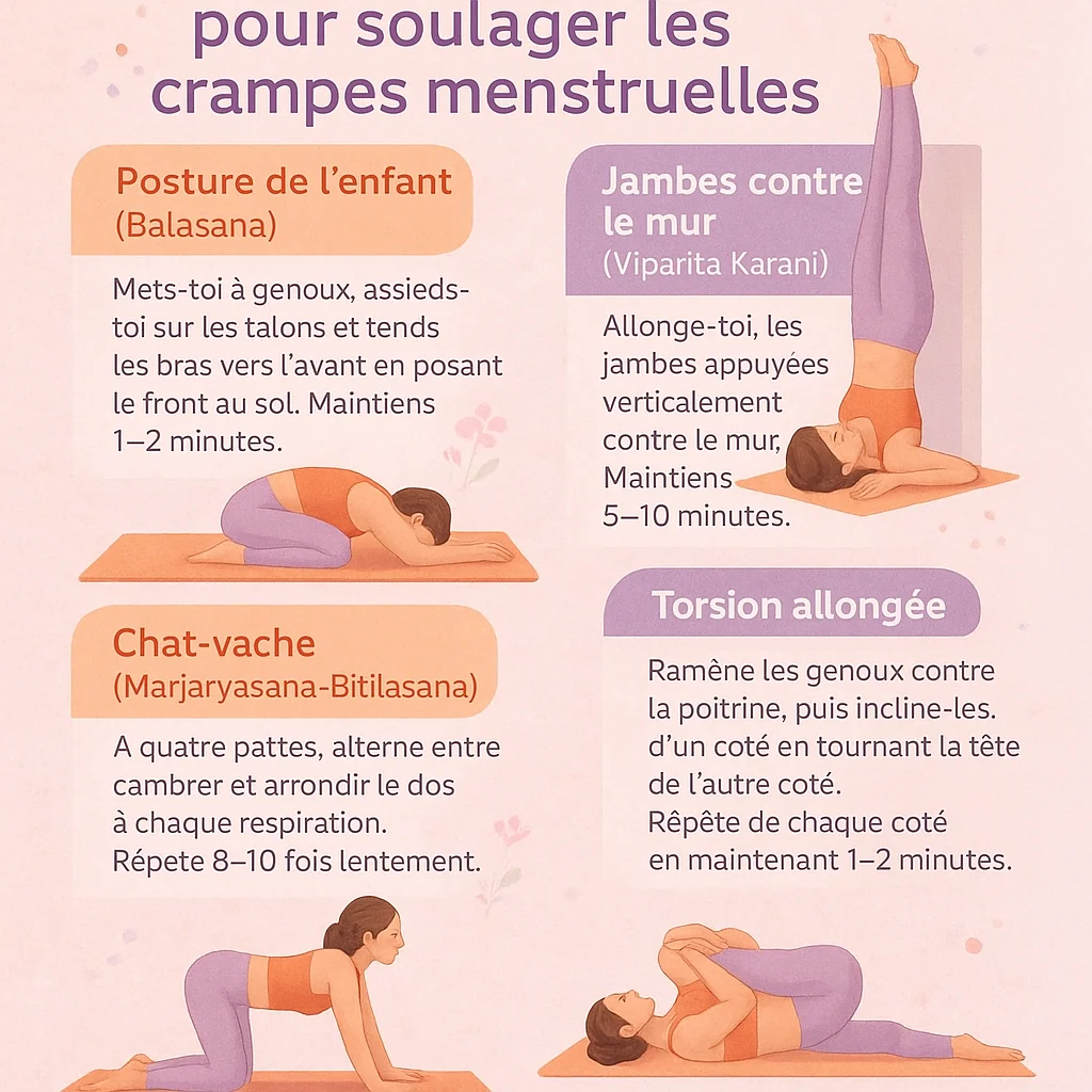 Infographie présentant 5 postures de yoga qui soulagent les douleurs menstruelles