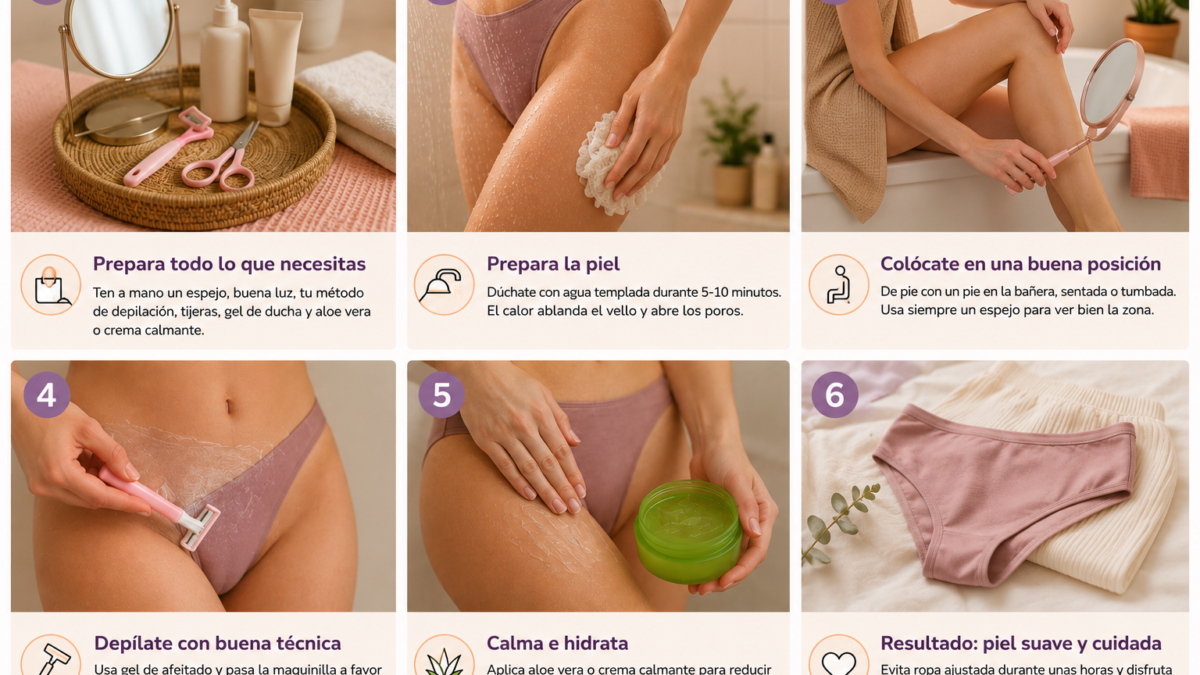 Guía visual para depilarse el vello púbico femenino en casa con pasos básicos, métodos de depilación y cuidados para evitar irritación y pelos enquistados.