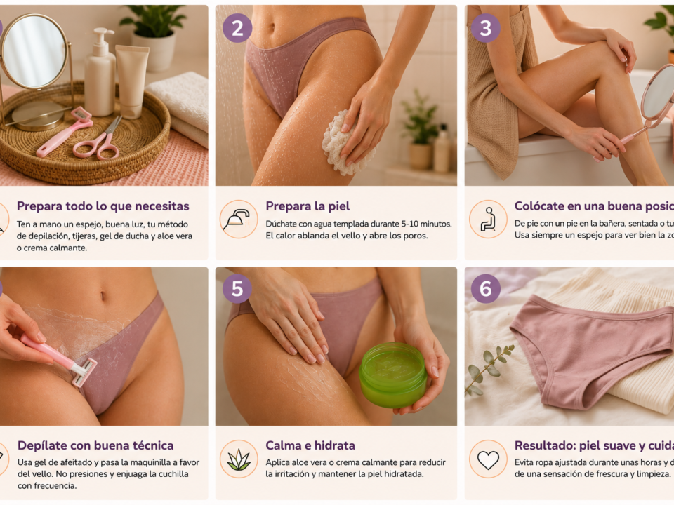 Guía visual para depilarse el vello púbico femenino en casa con pasos básicos, métodos de depilación y cuidados para evitar irritación y pelos enquistados.