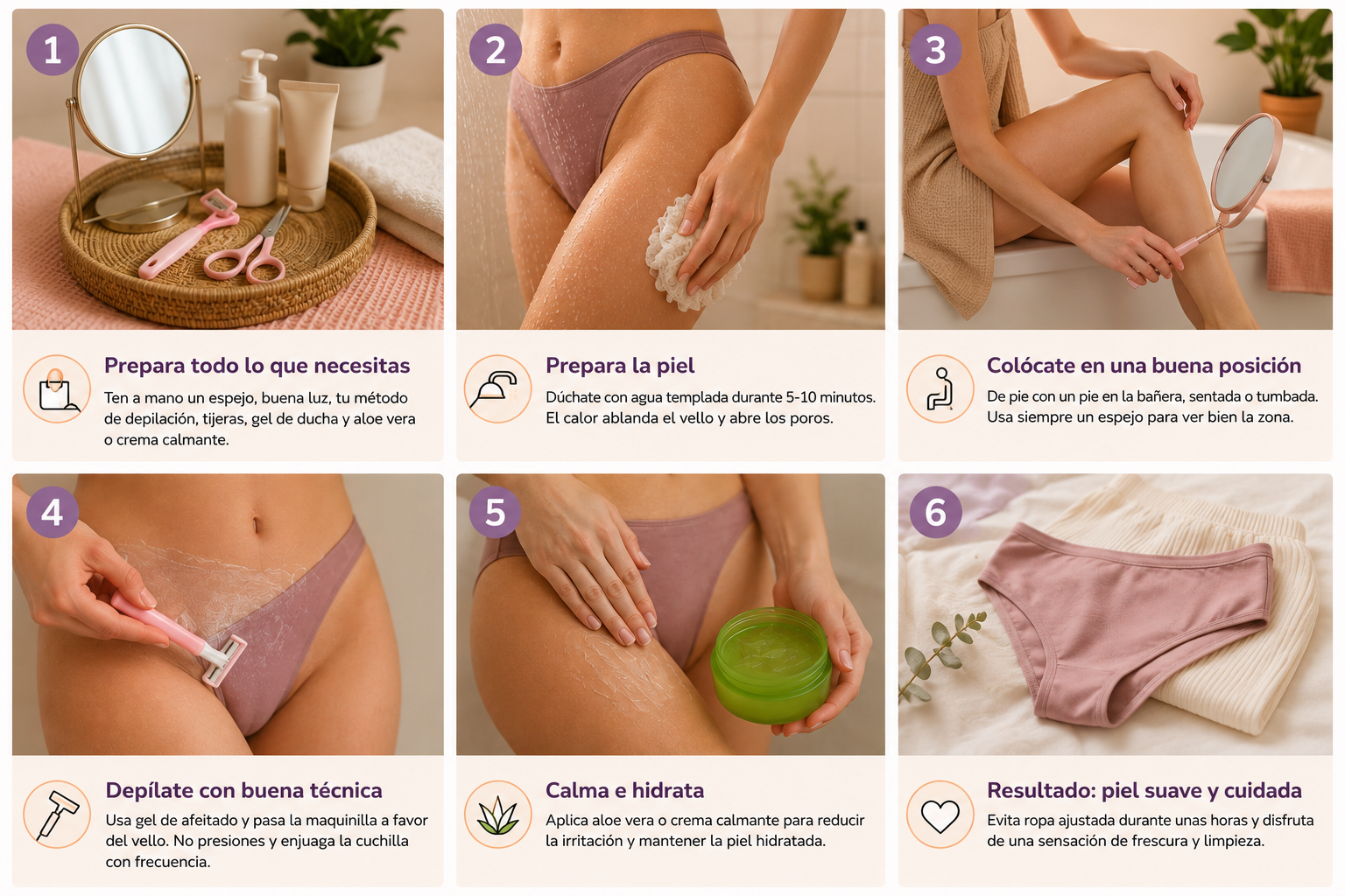 Guía visual para depilarse el vello púbico femenino en casa con pasos básicos, métodos de depilación y cuidados para evitar irritación y pelos enquistados.