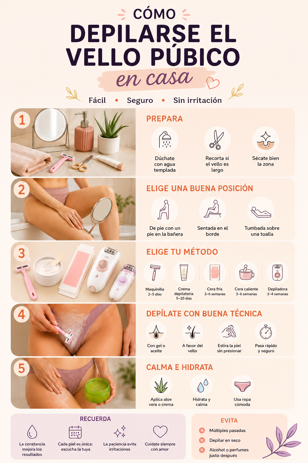 Infografía paso a paso sobre cómo depilarse el vello púbico femenino en casa sin irritación, con consejos de preparación, técnicas de depilación e hidratación en estilo visual PapayaCup.
