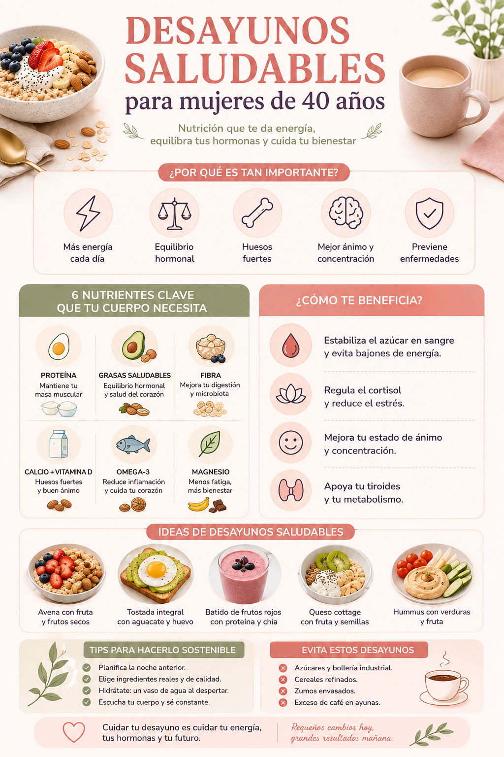 Infografía sobre desayunos saludables para mujeres de 40 años con nutrientes clave, beneficios hormonales y ejemplos de desayunos equilibrados para mejorar energía y bienestar.